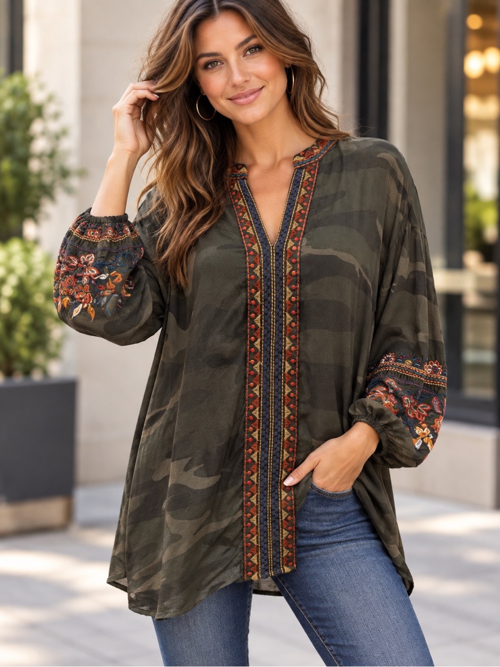 Johnny Was Olive Camo Embroidered Split-Neck Tunic
